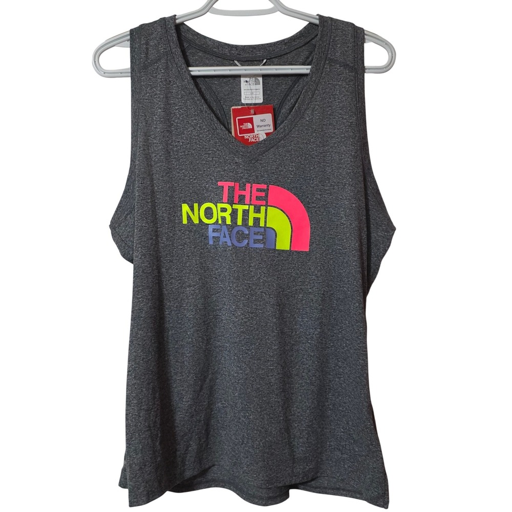North Face Womens Large Tank Top Gray Neon Logo VaporWick Activewear Gym